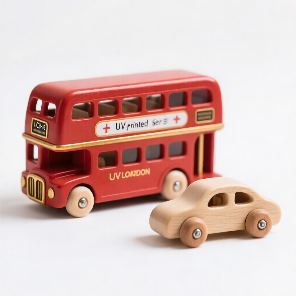 Wooden toy double-decker bus