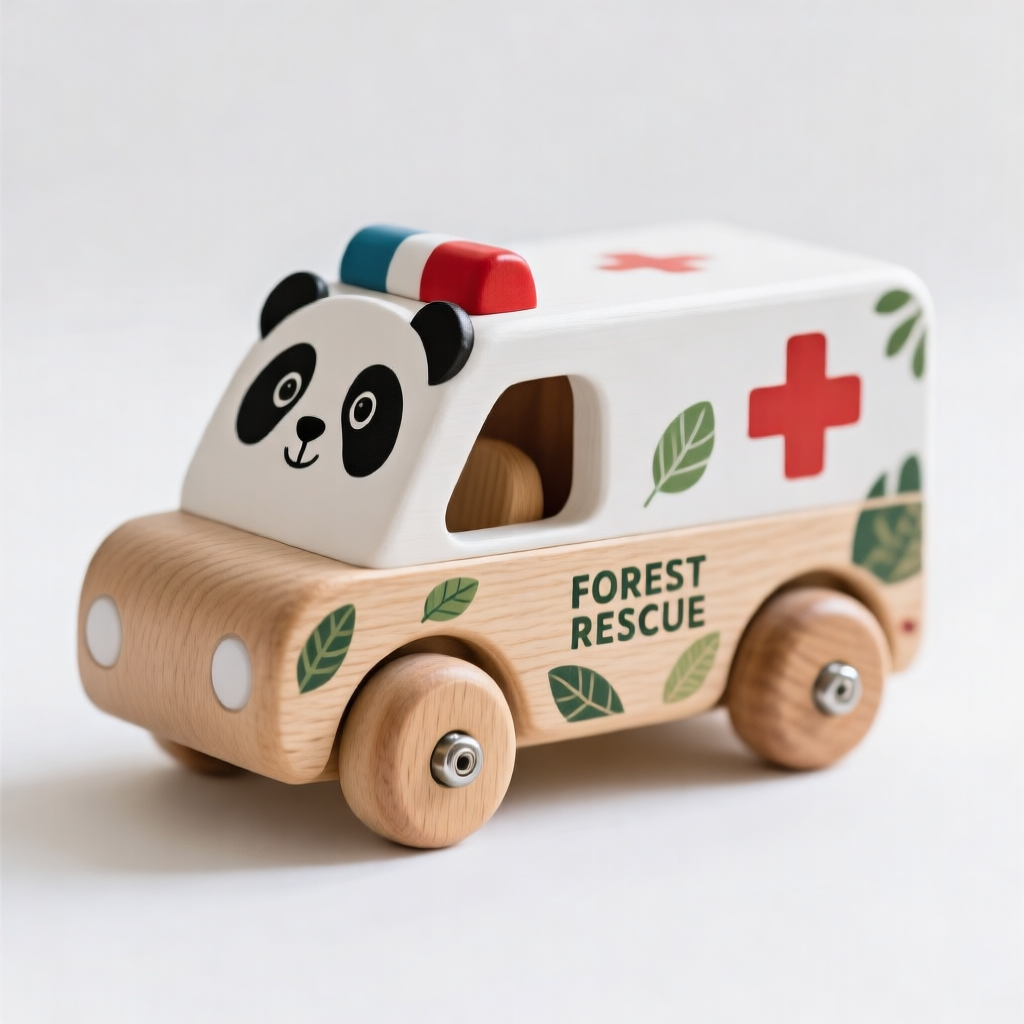 Wooden toy panda ambulance