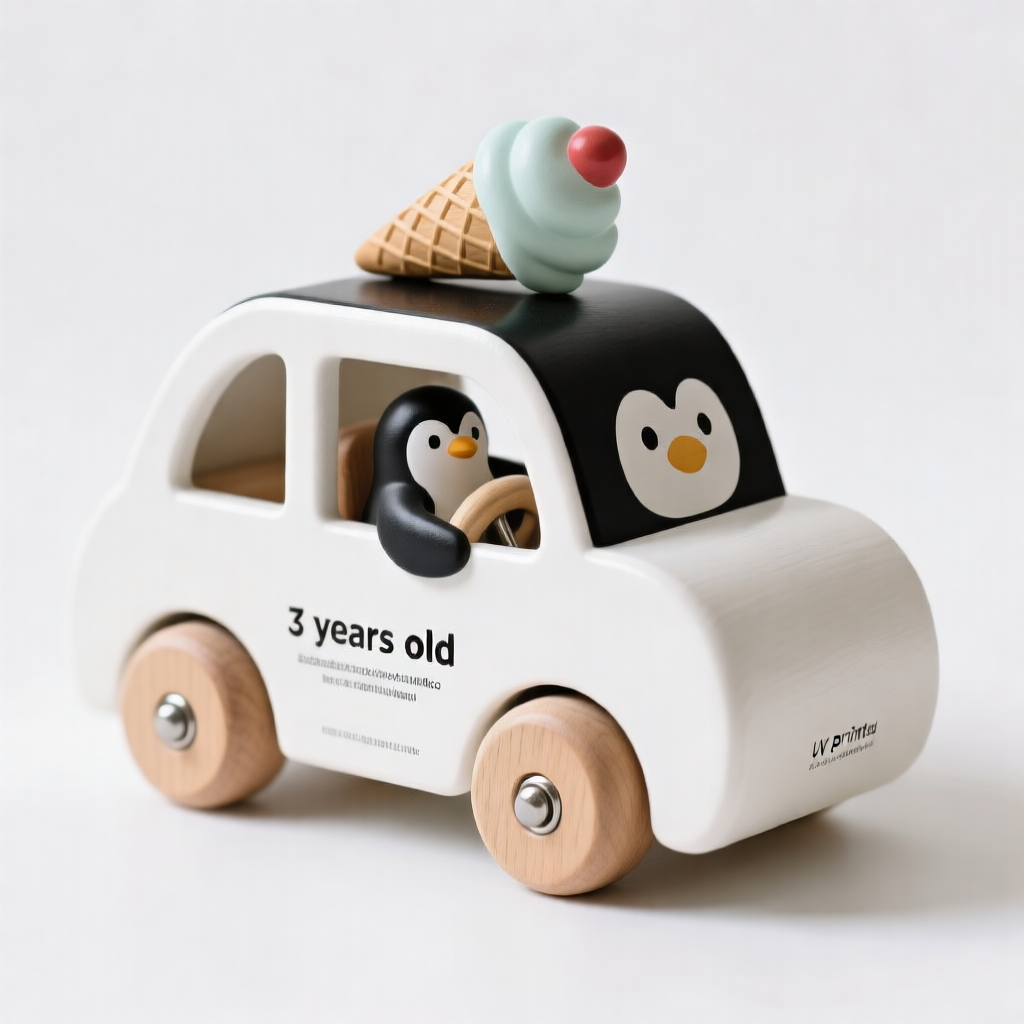 Wooden toy penguin ice cream truck